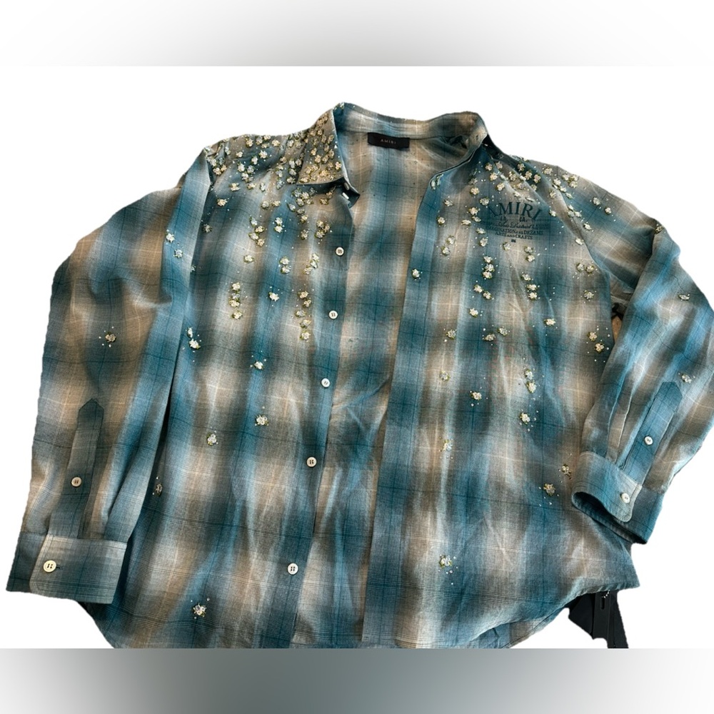 Amiri Floral & Crystal Embellished Plaid Flannel Button-Up Shirt